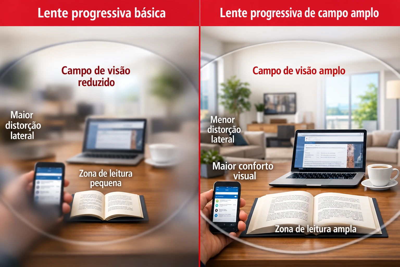 Comparação ilustrativa entre uma lente progressiva básica e uma lente de campo amplo