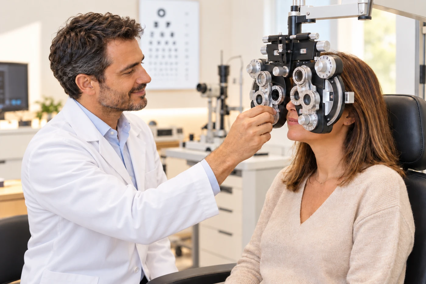 Imagem ilustrativa de um optometrista de bata branca e expressão sorridente a realizar um exame visual